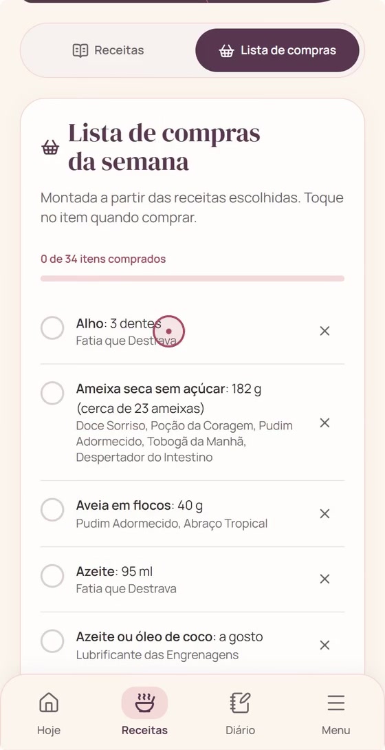 Lista de compras da semana com ingredientes e quantidades.