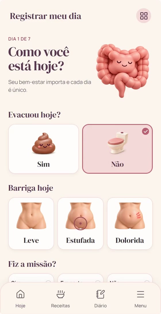 Registro diário com opções sobre evacuação e como está a barriga.