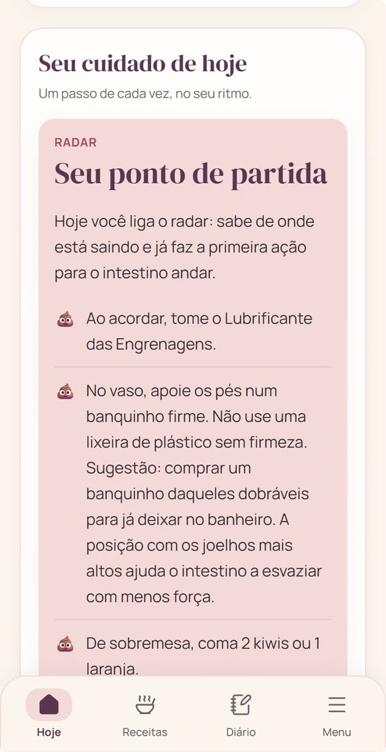 Tela Hoje com a missão e as ações do dia.