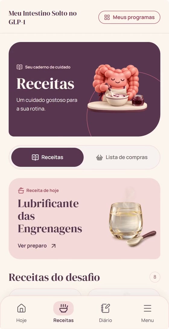 Tela de receitas do desafio, com a receita de hoje.