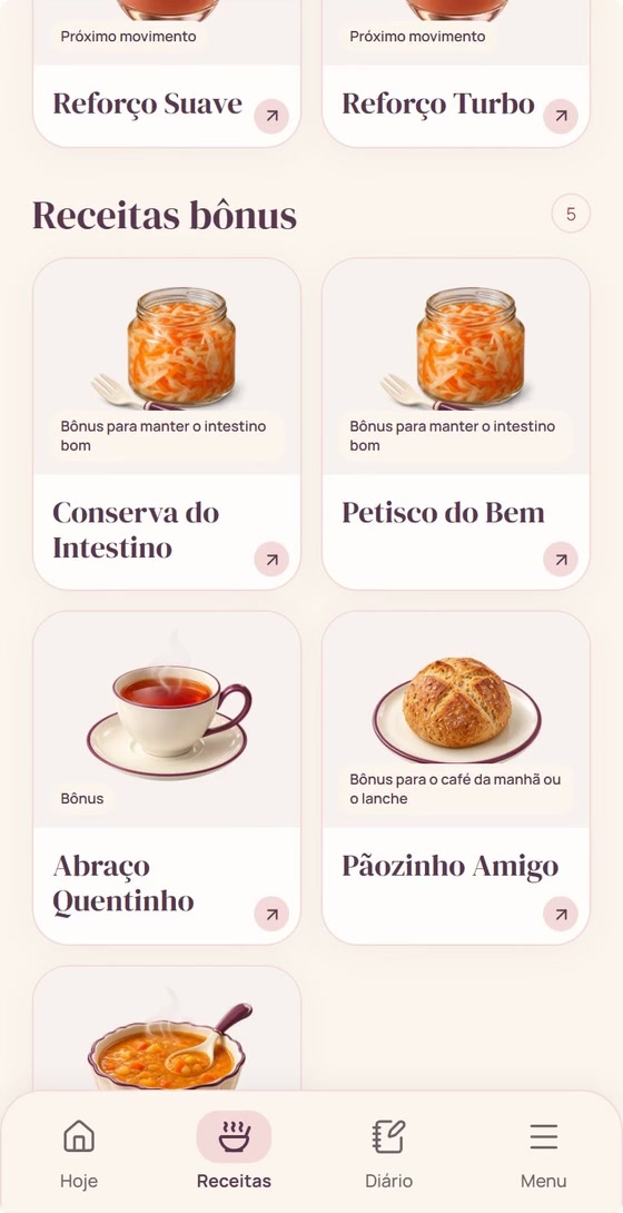 Tela com Reforço Suave, Reforço Turbo e receitas bônus.