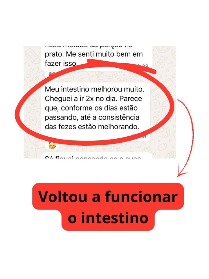 Print de cliente relatando que o intestino melhorou, chegou a funcionar duas vezes no dia e a consistência das fezes está melhorando.