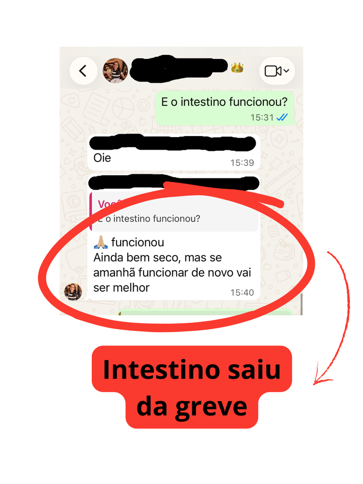 Print de conversa em que a cliente confirma que o intestino funcionou, ainda com fezes secas, e espera uma nova melhora no dia seguinte.