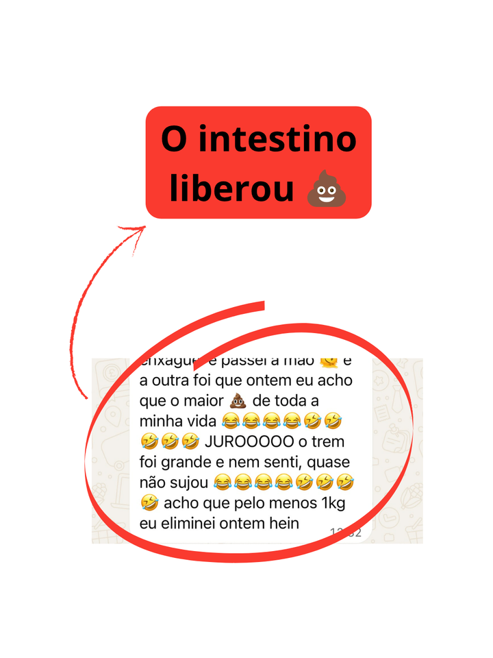 Print de cliente relatando, em tom bem-humorado, que conseguiu evacuar uma grande quantidade sem sentir desconforto.