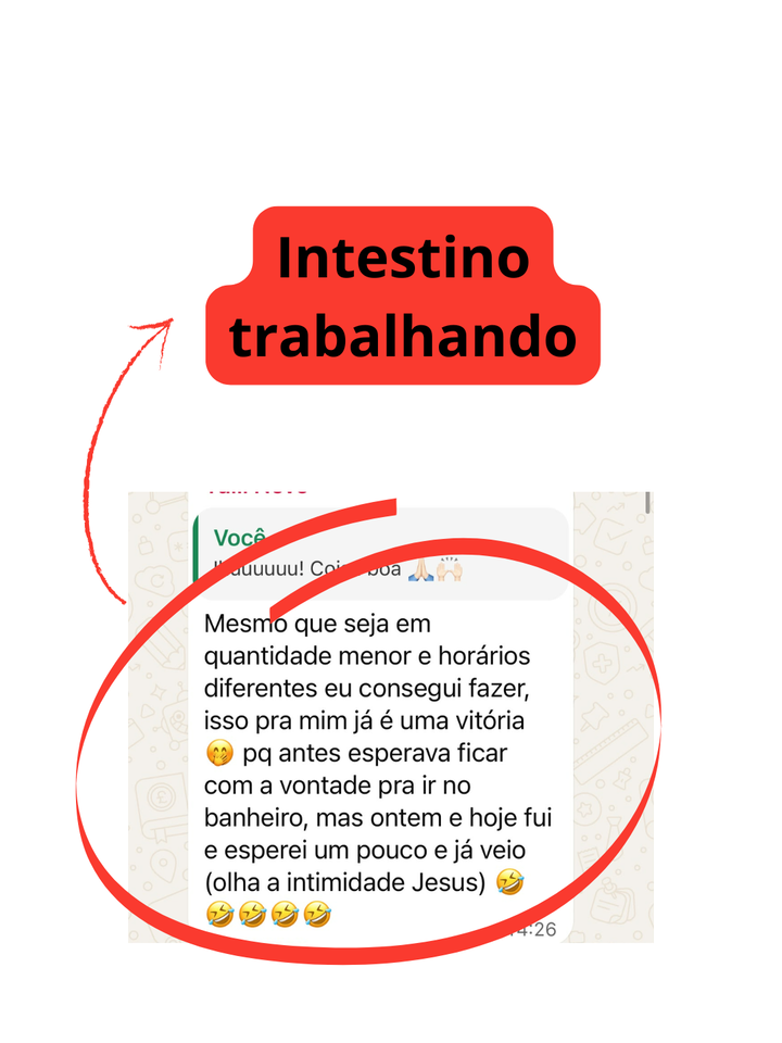 Print de cliente comemorando que conseguiu ir ao banheiro em dois dias, mesmo em quantidades menores e horários diferentes.