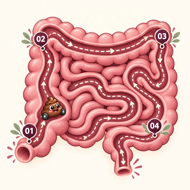 Ilustração do intestino como um caminho, com um cocô sobre rodinhas e os quatro pontos do Método ROTA: 01 Radar, 02 Ordem, 03 Tração e 04 Autonomia.