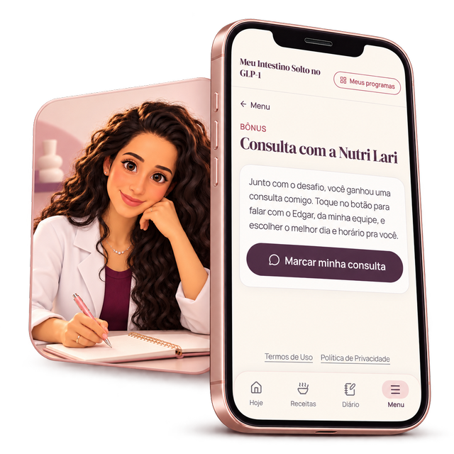 Ilustração da nutricionista e celular com a consulta disponível no aplicativo.