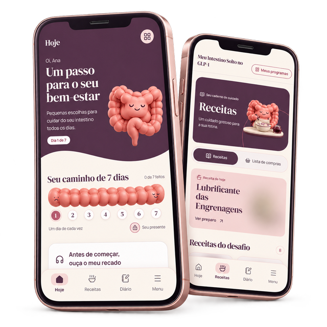 Dois celulares mostrando o desafio de 7 dias e as receitas no aplicativo.